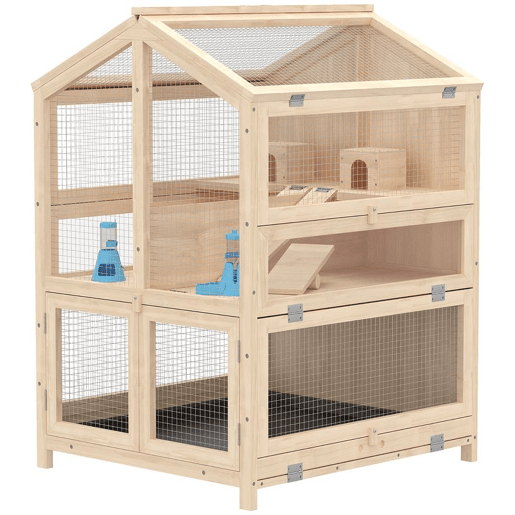 PawHut Gaiola para Hamster de Madeira de 3 Níveis, Casa para Hamster com Bebedouros, Casotas, Baloiços, Rampas, Bandeja Amovível e Tampas Rebatíveis, 68x61,5x90 cm, Natural