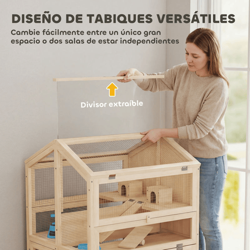 PawHut Gaiola para Hamster de Madeira de 3 Níveis, Casa para Hamster com Bebedouros, Casotas, Baloiços, Rampas, Bandeja Amovível e Tampas Rebatíveis, 68x61,5x90 cm, Natural