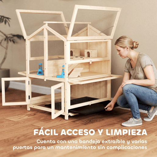 PawHut Gaiola para Hamster de Madeira de 3 Níveis, Casa para Hamster com Bebedouros, Casotas, Baloiços, Rampas, Bandeja Amovível e Tampas Rebatíveis, 68x61,5x90 cm, Natural