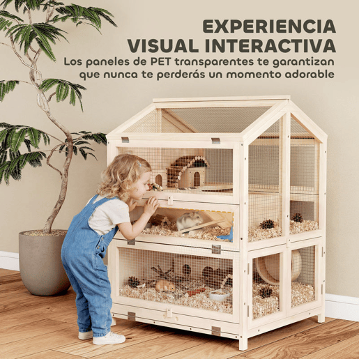 PawHut Gaiola para Hamster de Madeira de 3 Níveis, Casa para Hamster com Bebedouros, Casotas, Baloiços, Rampas, Bandeja Amovível e Tampas Rebatíveis, 68x61,5x90 cm, Natural