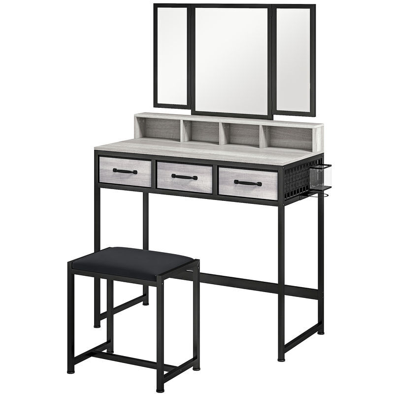 Homcom tocador de maquillaje con espejo tríptico desmontable, tocador con taburete, 3 cajones de tela, estantes, soporte para secador de pelo, cesta