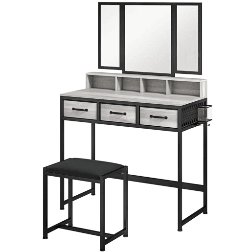 HOMCOM Toucador de Maquilhagem com Espelho Tríptico Removível, Banco 3 Gavetas em Tecido Prateleiras Suporte para Secador Cesto Metálico para Quarto ou Closet 90x40x141 cm Cinzento