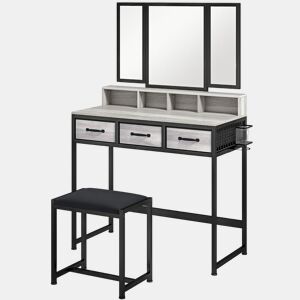 HOMCOM Toucador de Maquilhagem com Espelho Tríptico Removível, Banco 3 Gavetas em Tecido Prateleiras Suporte para Secador Cesto Metálico para Quarto ou Closet 90x40x141 cm Cinzento