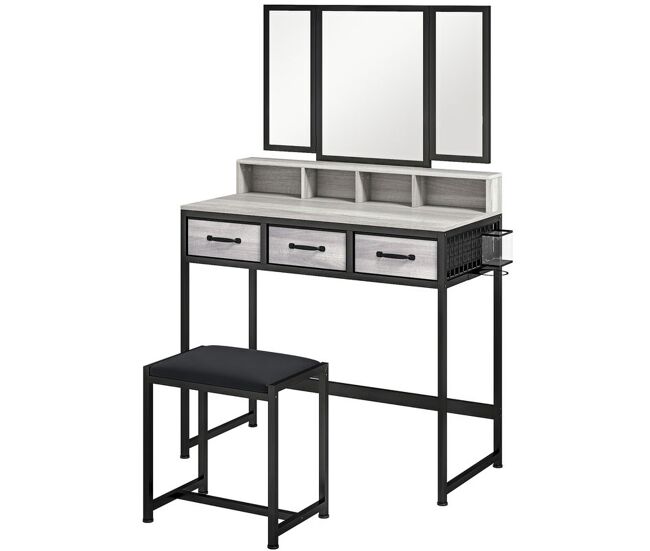 Homcom tocador de maquillaje con espejo tríptico desmontable, tocador con taburete, 3 cajones de tela, estantes, soporte para secador de pelo, cesta