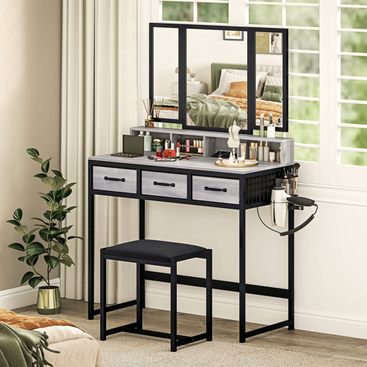 HOMCOM Toucador de Maquilhagem com Espelho Tríptico Removível, Banco 3 Gavetas em Tecido Prateleiras Suporte para Secador Cesto Metálico para Quarto ou Closet 90x40x141 cm Cinzento