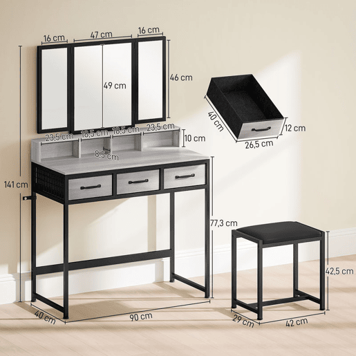 HOMCOM Toucador de Maquilhagem com Espelho Tríptico Removível, Banco 3 Gavetas em Tecido Prateleiras Suporte para Secador Cesto Metálico para Quarto ou Closet 90x40x141 cm Cinzento