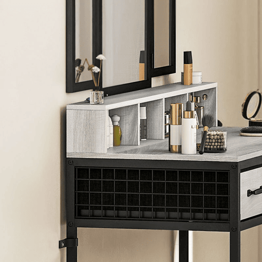HOMCOM Toucador de Maquilhagem com Espelho Tríptico Removível, Banco 3 Gavetas em Tecido Prateleiras Suporte para Secador Cesto Metálico para Quarto ou Closet 90x40x141 cm Cinzento