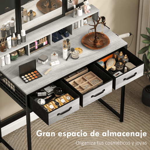 HOMCOM Toucador de Maquilhagem com Espelho Tríptico Removível, Banco 3 Gavetas em Tecido Prateleiras Suporte para Secador Cesto Metálico para Quarto ou Closet 90x40x141 cm Cinzento