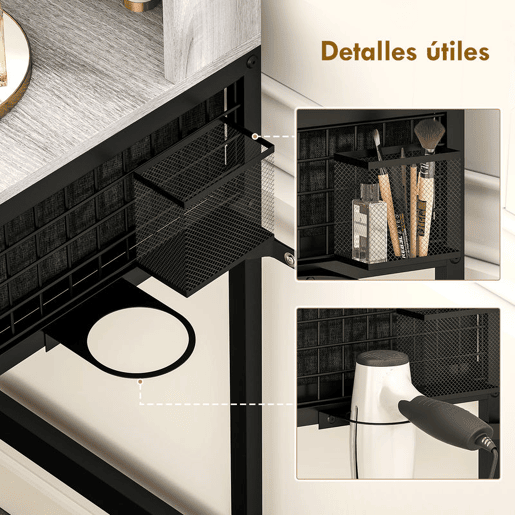 HOMCOM Toucador de Maquilhagem com Espelho Tríptico Removível, Banco 3 Gavetas em Tecido Prateleiras Suporte para Secador Cesto Metálico para Quarto ou Closet 90x40x141 cm Cinzento