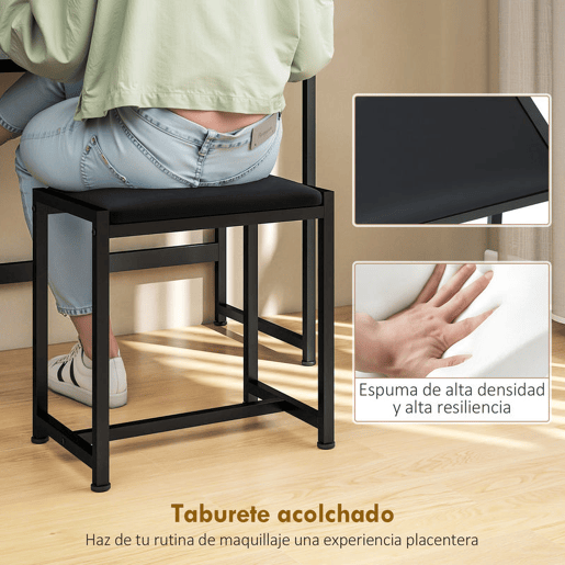 HOMCOM Toucador de Maquilhagem com Espelho Tríptico Removível, Banco 3 Gavetas em Tecido Prateleiras Suporte para Secador Cesto Metálico para Quarto ou Closet 90x40x141 cm Cinzento
