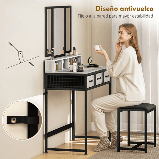 HOMCOM Toucador de Maquilhagem com Espelho Tríptico Removível, Banco 3 Gavetas em Tecido Prateleiras Suporte para Secador Cesto Metálico para Quarto ou Closet 90x40x141 cm Cinzento