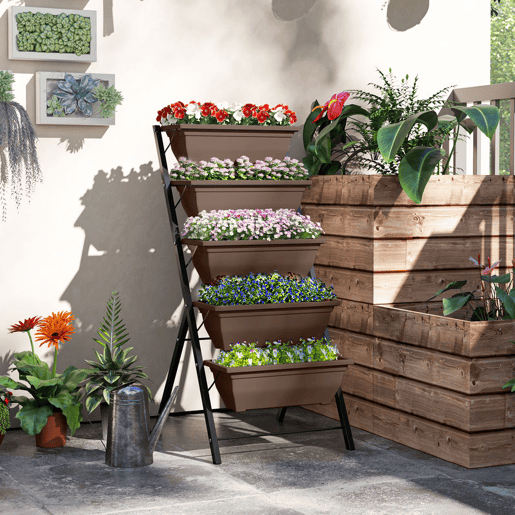 Outsunny Suporte para Plantas de 5 Níveis com 5 Vasos Estante para Plantas de Canto Orifícios de Drenagem Design em Escada Suporte para Vasos Interior e Exterior 55x63x120 cm Preto