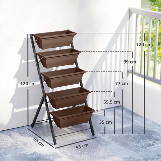 Outsunny Suporte para Plantas de 5 Níveis com 5 Vasos Estante para Plantas de Canto Orifícios de Drenagem Design em Escada Suporte para Vasos Interior e Exterior 55x63x120 cm Preto