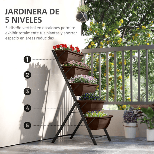 Outsunny Suporte para Plantas de 5 Níveis com 5 Vasos Estante para Plantas de Canto Orifícios de Drenagem Design em Escada Suporte para Vasos Interior e Exterior 55x63x120 cm Preto