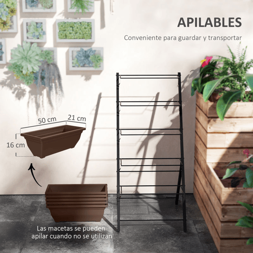 Outsunny Suporte para Plantas de 5 Níveis com 5 Vasos Estante para Plantas de Canto Orifícios de Drenagem Design em Escada Suporte para Vasos Interior e Exterior 55x63x120 cm Preto
