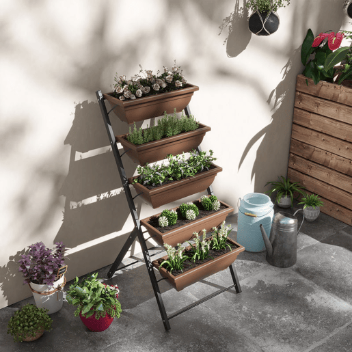 Outsunny Suporte para Plantas de 5 Níveis com 5 Vasos Estante para Plantas de Canto Orifícios de Drenagem Design em Escada Suporte para Vasos Interior e Exterior 55x63x120 cm Preto