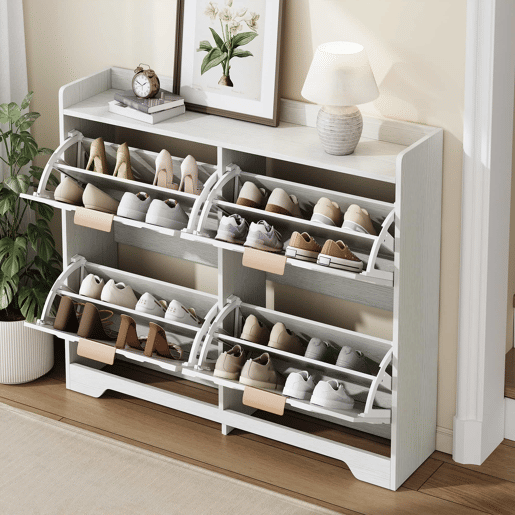 Sapateira com 4 compartimentos rebatíveis, frente com estrutura 3D, superfície de arrumação superior, sapateira espaçosa, economiza espaço, móvel para a entrada - Branco
