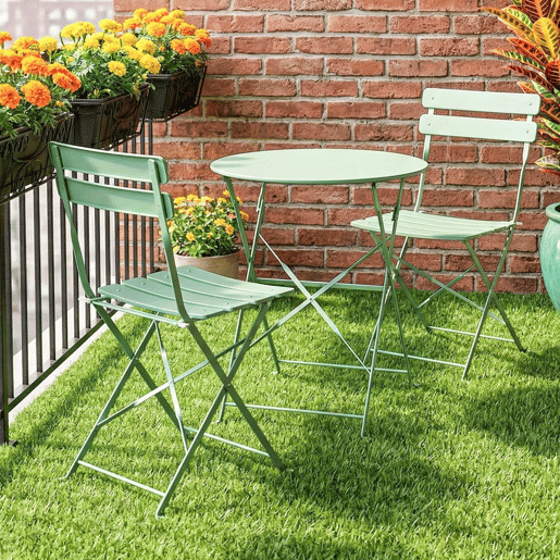 Outsunny Conjunto de Mesa e Cadeiras de Terraço Exterior Dobrável 3 Peças, Móveis de Jardim Exterior com 2 Cadeiras Dobráveis, Mesa Redonda, Estrutura Metálica Eletroforética para Pátio e Varanda, Verde