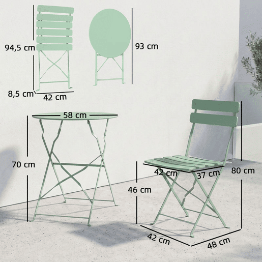 Outsunny Conjunto de Mesa e Cadeiras de Terraço Exterior Dobrável 3 Peças, Móveis de Jardim Exterior com 2 Cadeiras Dobráveis, Mesa Redonda, Estrutura Metálica Eletroforética para Pátio e Varanda, Verde