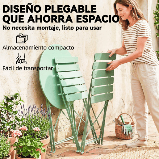 Outsunny Conjunto de Mesa e Cadeiras de Terraço Exterior Dobrável 3 Peças, Móveis de Jardim Exterior com 2 Cadeiras Dobráveis, Mesa Redonda, Estrutura Metálica Eletroforética para Pátio e Varanda, Verde