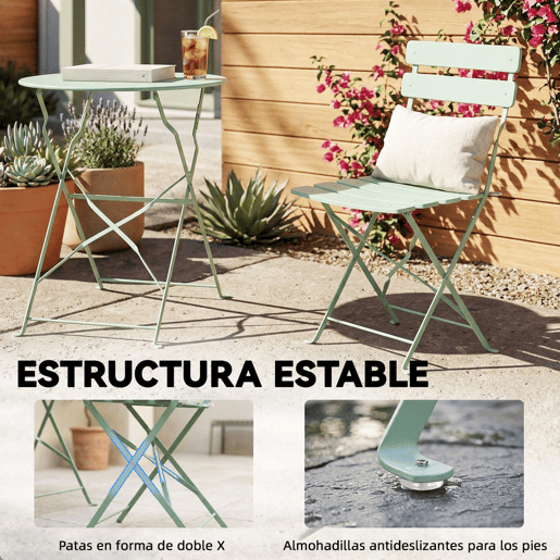Outsunny Conjunto de Mesa e Cadeiras de Terraço Exterior Dobrável 3 Peças, Móveis de Jardim Exterior com 2 Cadeiras Dobráveis, Mesa Redonda, Estrutura Metálica Eletroforética para Pátio e Varanda, Verde