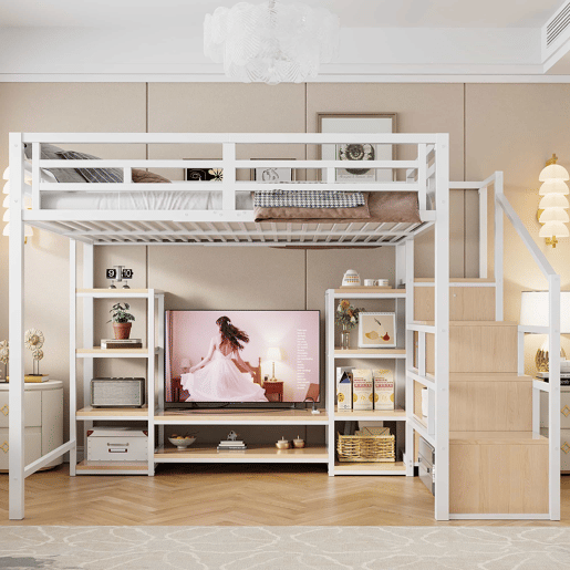 Cama alta 140x200 - Com suporte para TV, tomada elétrica e escada de segurança, combinação de metal e madeira, moderna e economizadora de espaço, cama infantil com arrumação prática - Branca