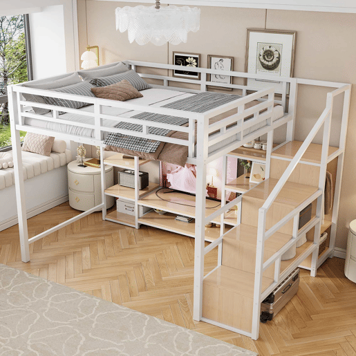 Cama alta 140x200 - Com suporte para TV, tomada elétrica e escada de segurança, combinação de metal e madeira, moderna e economizadora de espaço, cama infantil com arrumação prática - Branca