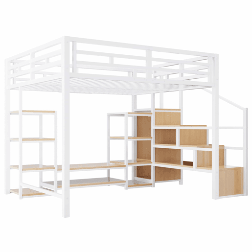 Cama alta 140x200 - Com suporte para TV, tomada elétrica e escada de segurança, combinação de metal e madeira, moderna e economizadora de espaço, cama infantil com arrumação prática - Branca