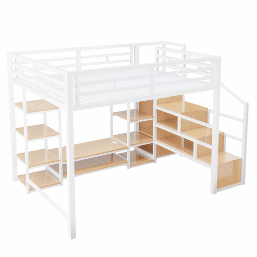 Cama alta 140x200 - Com suporte para TV, tomada elétrica e escada de segurança, combinação de metal e madeira, moderna e economizadora de espaço, cama infantil com arrumação prática - Branca