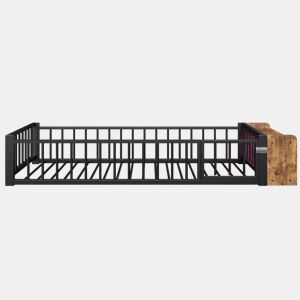Cama baixa, 90 x 200 cm - Estrutura metálica, com grades laterais, sem colchão, com compartimentos e luzes LED - Preto