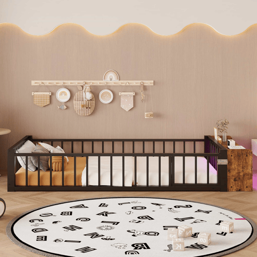 Cama baixa, 90 x 200 cm - Estrutura metálica, com grades laterais, sem colchão, com compartimentos e luzes LED - Preto
