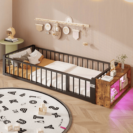 Cama baixa, 90 x 200 cm - Estrutura metálica, com grades laterais, sem colchão, com compartimentos e luzes LED - Preto