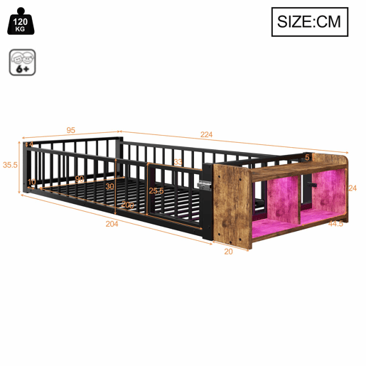 Cama baixa, 90 x 200 cm - Estrutura metálica, com grades laterais, sem colchão, com compartimentos e luzes LED - Preto