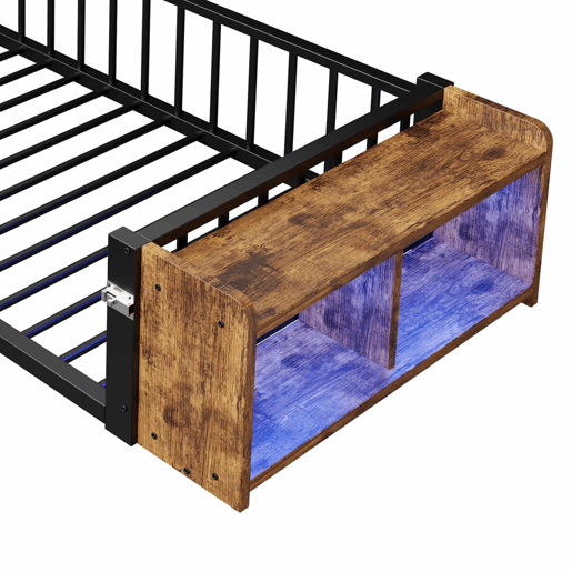Cama baixa, 90 x 200 cm - Estrutura metálica, com grades laterais, sem colchão, com compartimentos e luzes LED - Preto