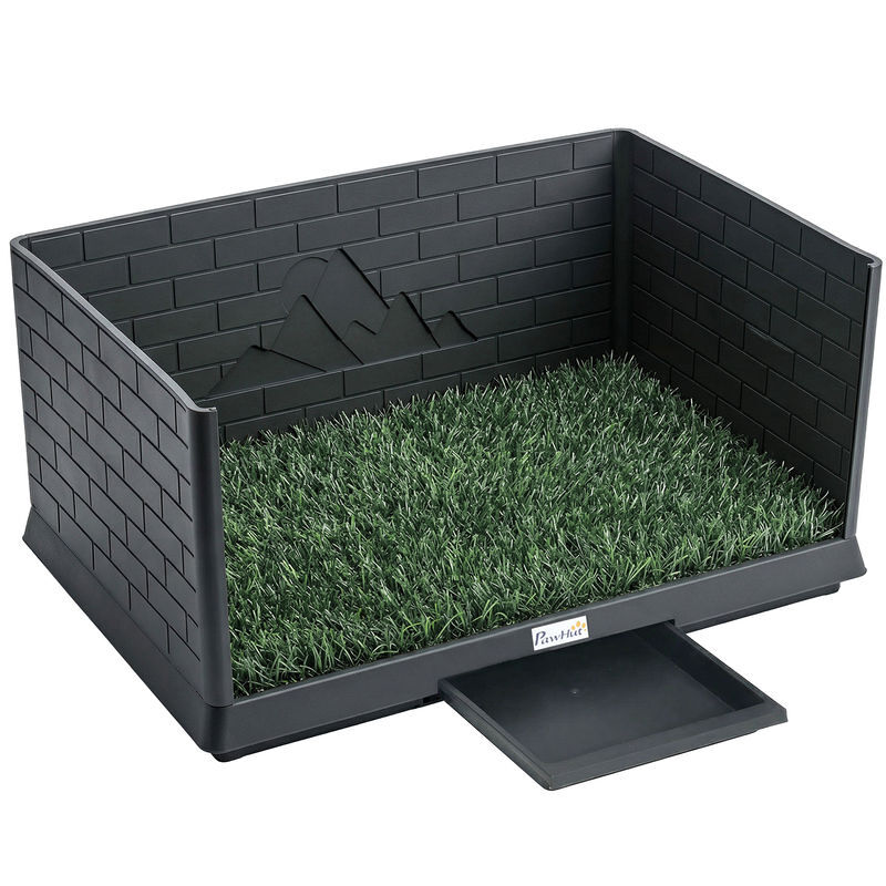 Pawhut inodoro para perros con césped artificial, 75x51x36,5 cm, con paredes altas, bandeja deslizante y fácil de limpiar, bandeja sanitaria para perros para entrenamiento, interior y exterior, negro