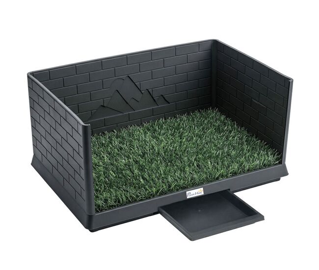 Pawhut inodoro para perros con césped artificial, 75x51x36,5 cm, con paredes altas, bandeja deslizante y fácil de limpiar, bandeja sanitaria para perros para entrenamiento, interior y exterior, negro
