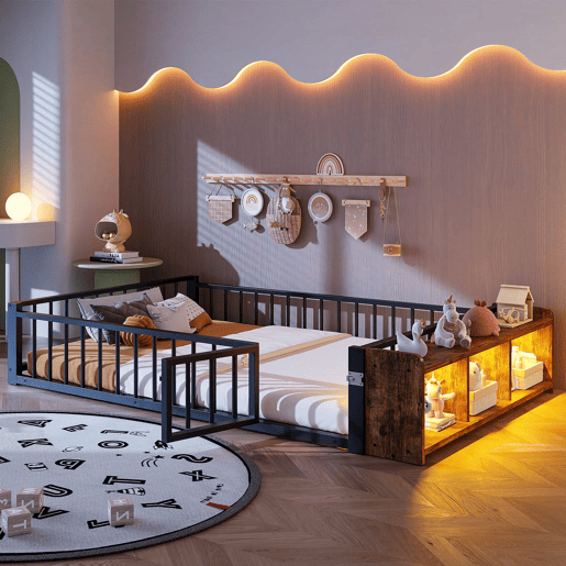 Cama baixa 140 x 200 cm - sem colchão, com grades laterais, compartimentos de arrumação, luzes LED - Preto