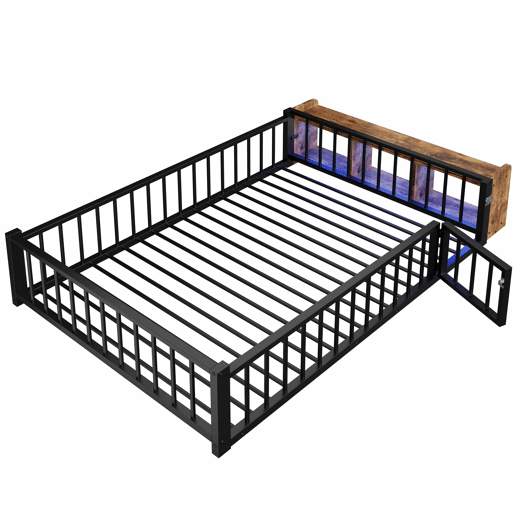 Cama baixa 140 x 200 cm - sem colchão, com grades laterais, compartimentos de arrumação, luzes LED - Preto