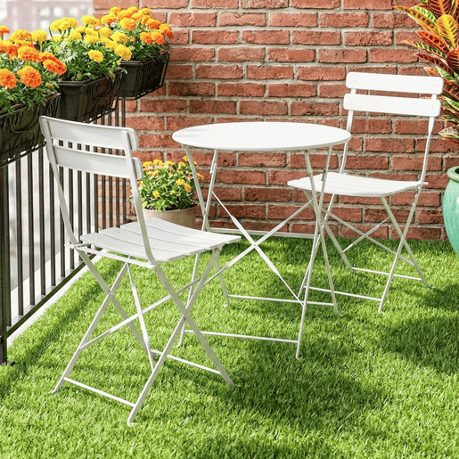 Outsunny Conjunto de Mesa e Cadeiras de Terraço Exterior Dobráveis 3 Peças, Móveis de Jardim Exterior com 2 Cadeiras Dobráveis, Mesa Redonda, Estrutura Metálica Eletroforética para Pátio, Varanda, Creme