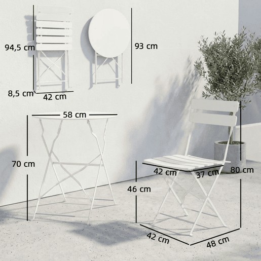 Outsunny Conjunto de Mesa e Cadeiras de Terraço Exterior Dobráveis 3 Peças, Móveis de Jardim Exterior com 2 Cadeiras Dobráveis, Mesa Redonda, Estrutura Metálica Eletroforética para Pátio, Varanda, Creme