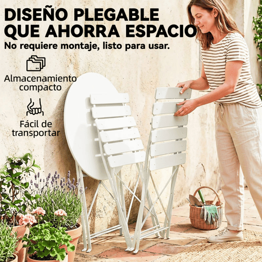 Outsunny Conjunto de Mesa e Cadeiras de Terraço Exterior Dobráveis 3 Peças, Móveis de Jardim Exterior com 2 Cadeiras Dobráveis, Mesa Redonda, Estrutura Metálica Eletroforética para Pátio, Varanda, Creme