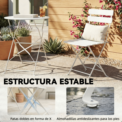 Outsunny Conjunto de Mesa e Cadeiras de Terraço Exterior Dobráveis 3 Peças, Móveis de Jardim Exterior com 2 Cadeiras Dobráveis, Mesa Redonda, Estrutura Metálica Eletroforética para Pátio, Varanda, Creme