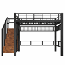 Cama alta 140×200 cm - Metal, com prateleiras, com luz LED, estrutura em forma de escada com espaço de arrumação - Preta