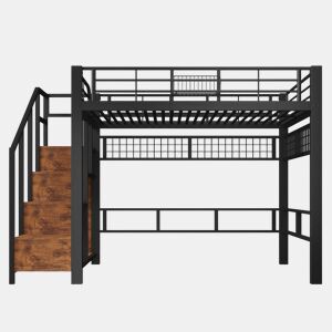 Cama alta 140×200 cm - Metal, com prateleiras, com luz LED, estrutura em forma de escada com espaço de arrumação - Preta