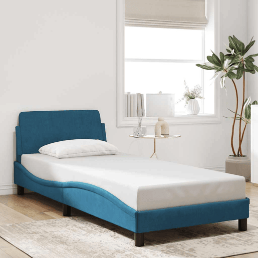 Estrutura de cama de solteiro para adultos com cabeceira Dover 90x200 cm veludo azul
