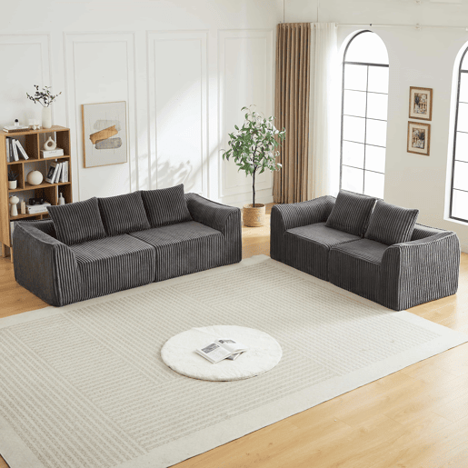 Sofá minimalista de 5 lugares - linhas elegantes, encosto inclinado, 5 almofadas - Cinza
