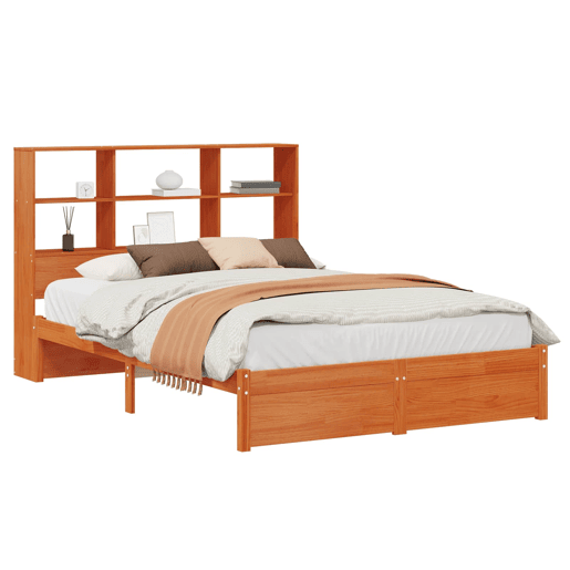 Estrutura de Cama de casal moderno com Cabeceira com Armazenamento Castanho Cera