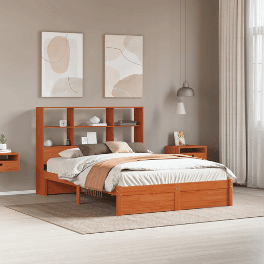 Estrutura de Cama de casal moderno com Cabeceira com Armazenamento Castanho Cera