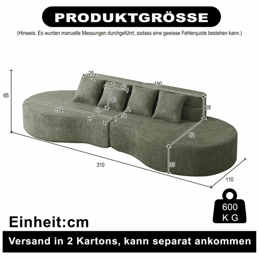 Sofá modular de 4 lugares - 2 peças combináveis, espuma viscoelástica de alta densidade - verde