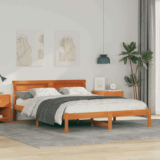 Estrutura de cama de casal simple com cabeceira - Marrom Cera 140 x 200 cm